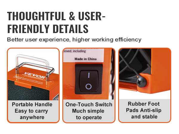 VEVOR solder fume extractor with portable handle, one-touch switch, and anti-slip rubber foot pads.