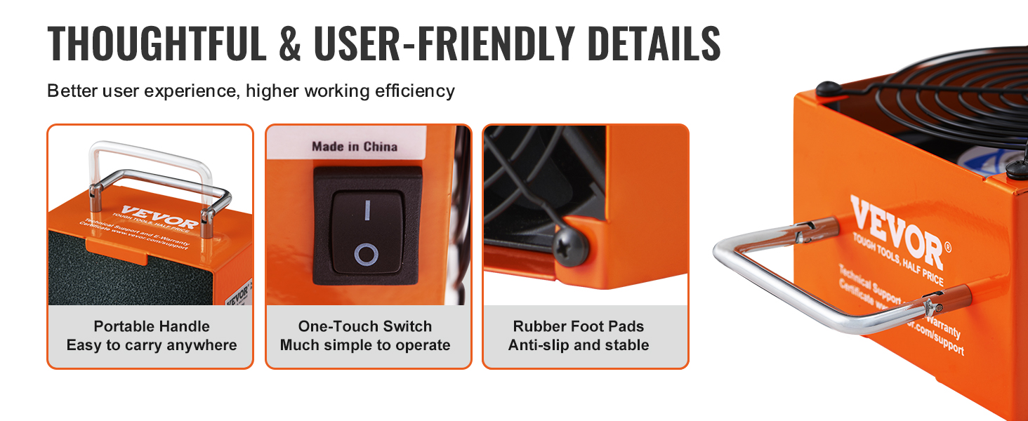 VEVOR solder fume extractor with portable handle, one-touch switch, and anti-slip rubber foot pads.