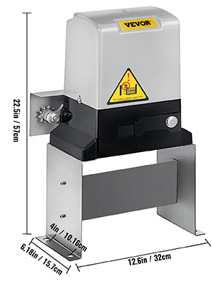 VEVOR automatic sliding gate opener with dimensions and warning label.