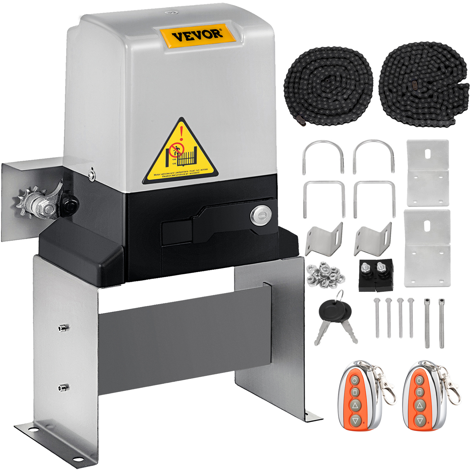 VEVOR automatic sliding gate opener with accessories including chains and remotes.