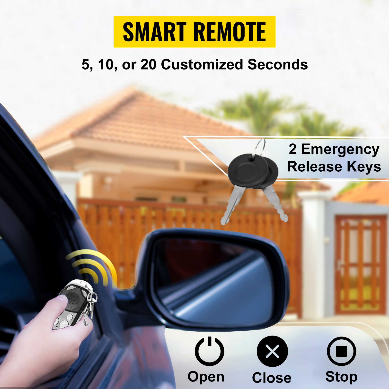 smart remote for VEVOR automatic sliding gate opener with emergency release keys.