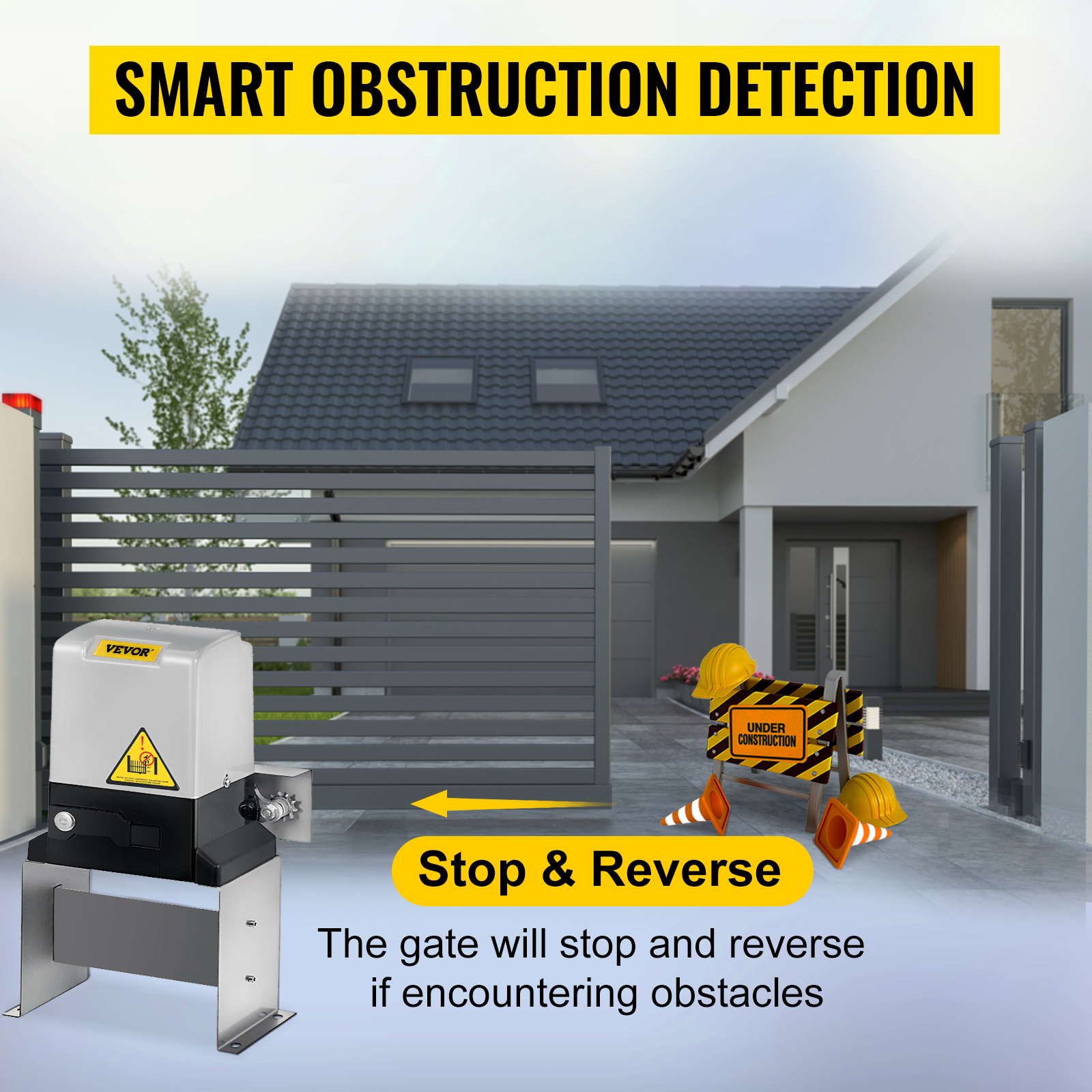 VEVOR automatic sliding gate opener with smart obstruction detection system.