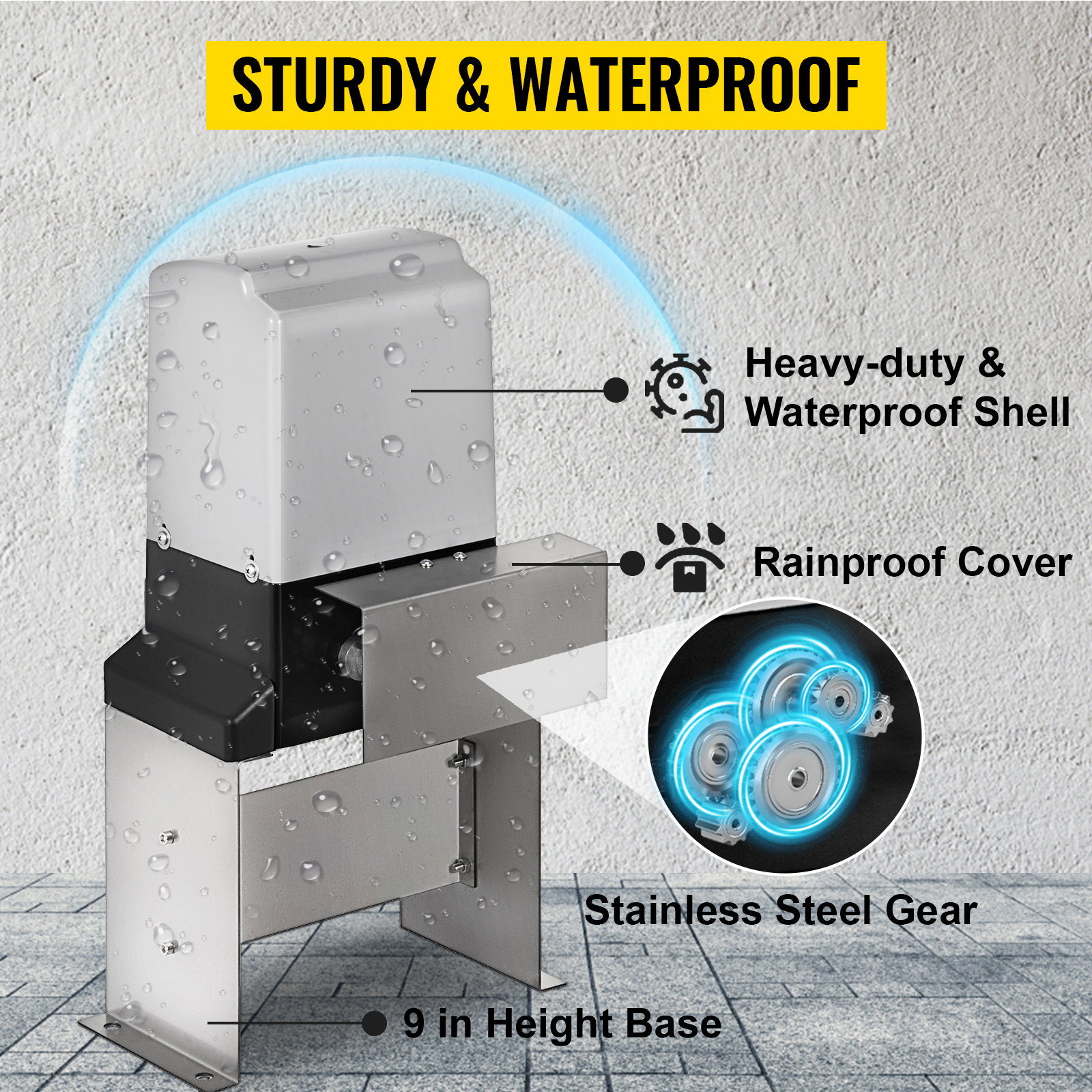VEVOR automatic sliding gate opener with waterproof shell, rainproof cover, stainless steel gear.