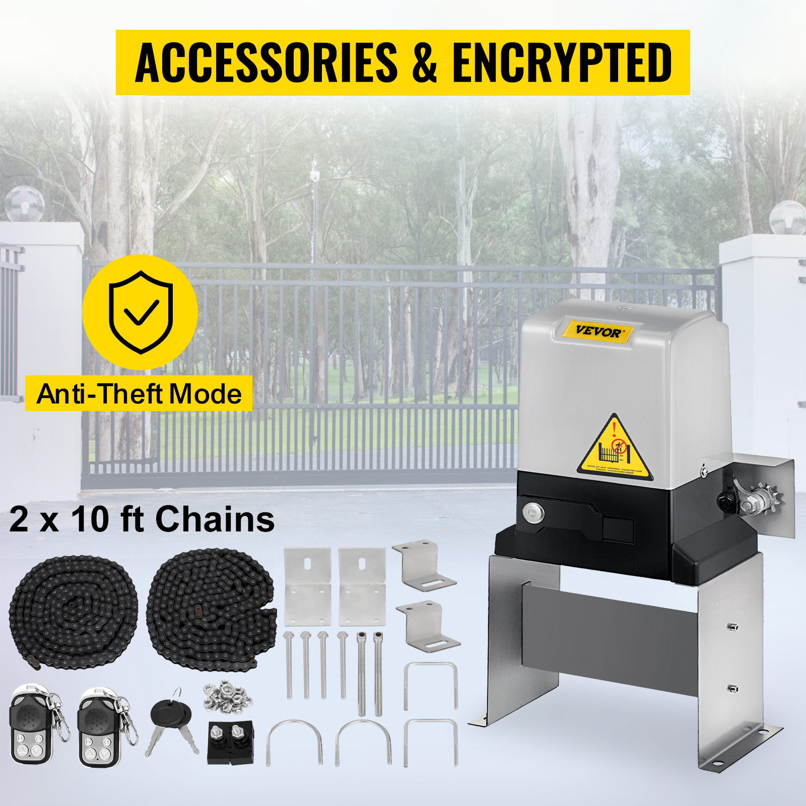 VEVOR automatic sliding gate opener with 10 ft chains and anti-theft mode.