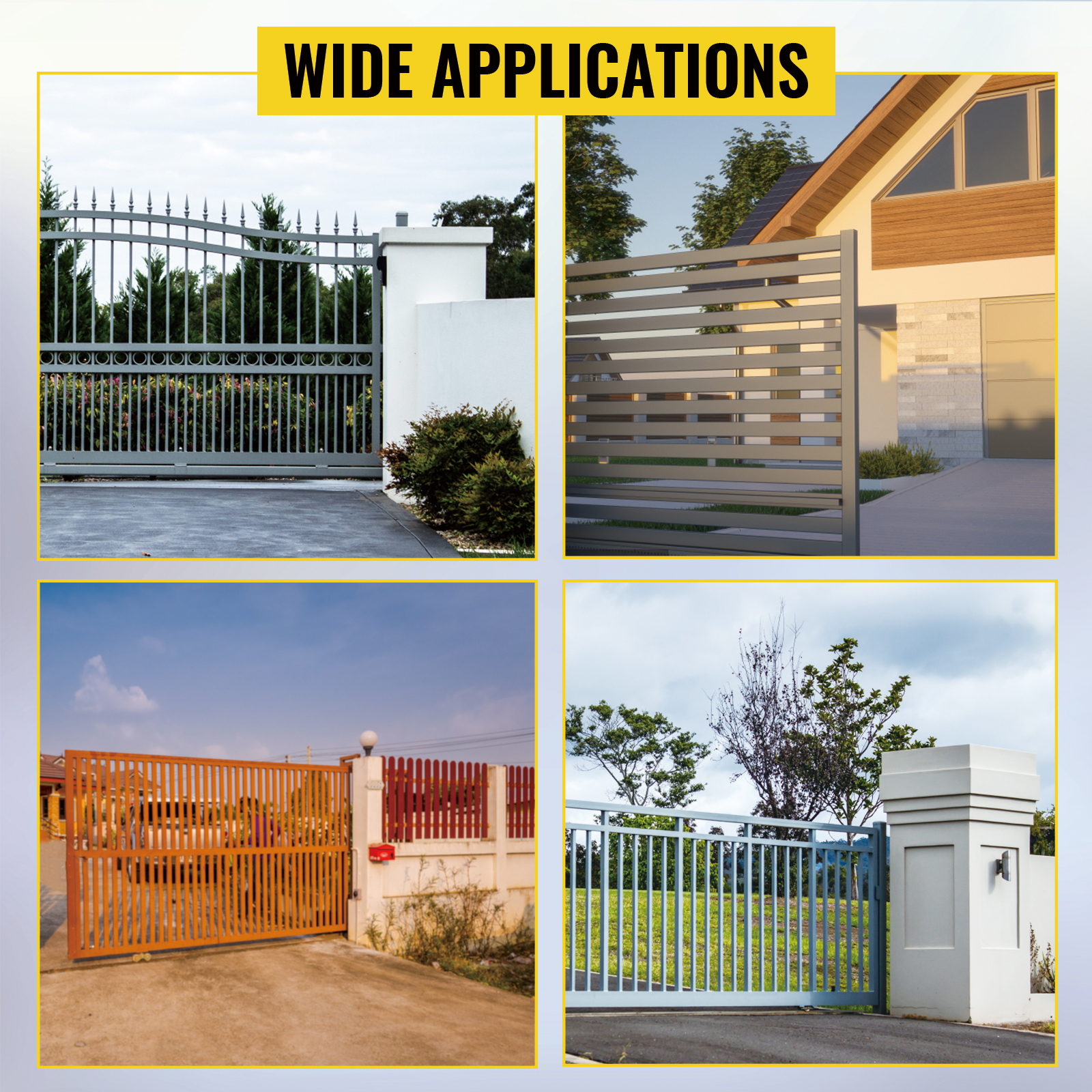 various gates opened by VEVOR automatic sliding gate opener showcasing wide applications.