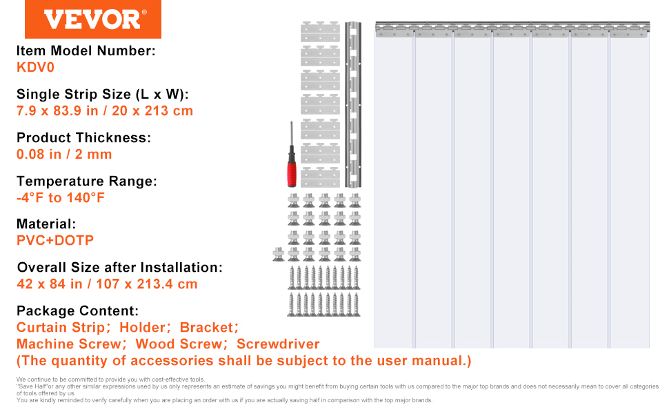 VEVOR strip curtain, 20 x 213 cm strips, overall size 107 x 213.4 cm, includes screws and holder.