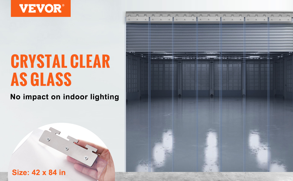 VEVOR strip curtain, crystal clear pvc material, size 42 x 84 in, no impact on indoor lighting.