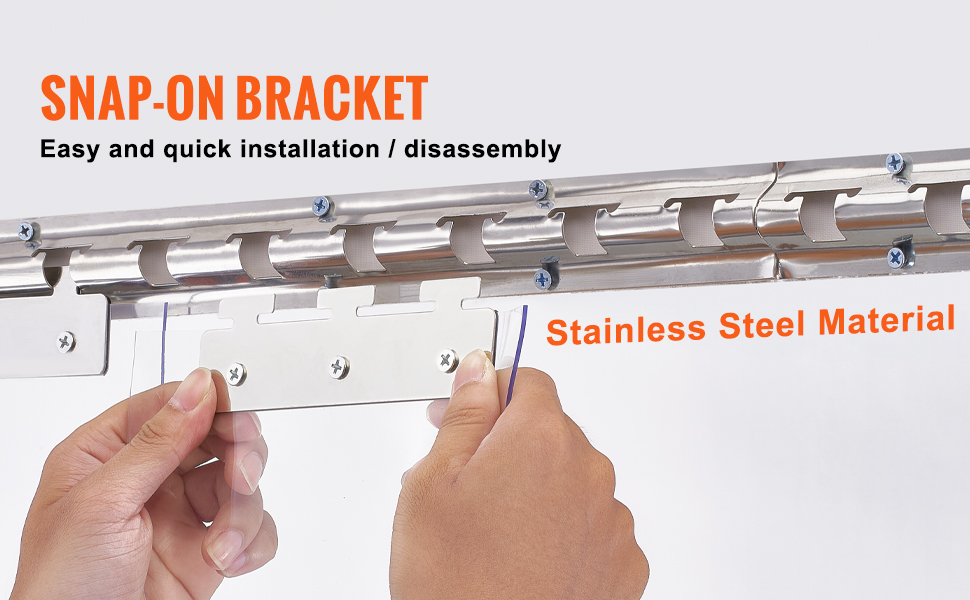 hands installing a VEVOR strip curtain with a snap-on bracket, showcasing stainless steel material.