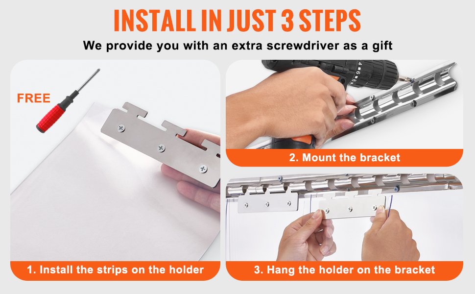 three-step installation of VEVOR strip curtain with free screwdriver: install strips, mount bracket, hang holder.