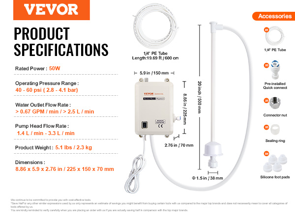VEVOR water dispenser with 50w power, 0.67 gpm flow rate, and accessories including pe tube, quick connect.