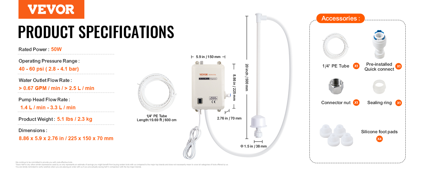 VEVOR water dispenser with 50w power, 0.67 gpm flow rate, and accessories including pe tube, quick connect.