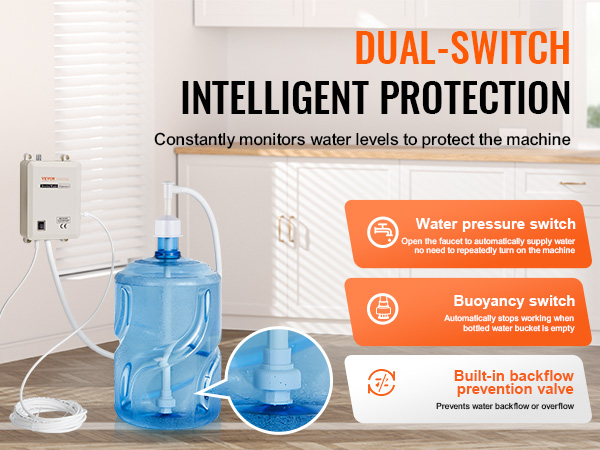 VEVOR water dispenser with dual-switch intelligent protection, water pressure switch, and buoyancy switch.
