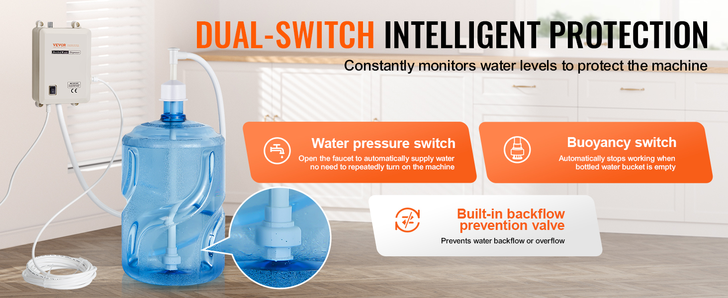 VEVOR water dispenser with dual-switch intelligent protection, water pressure switch, and buoyancy switch.