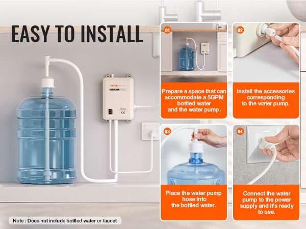 easy installation of VEVOR water dispenser with steps to connect and power the water pump in a kitchen setup.