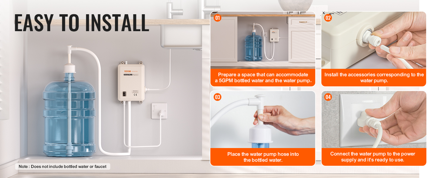 easy installation of VEVOR water dispenser with steps to connect and power the water pump in a kitchen setup.