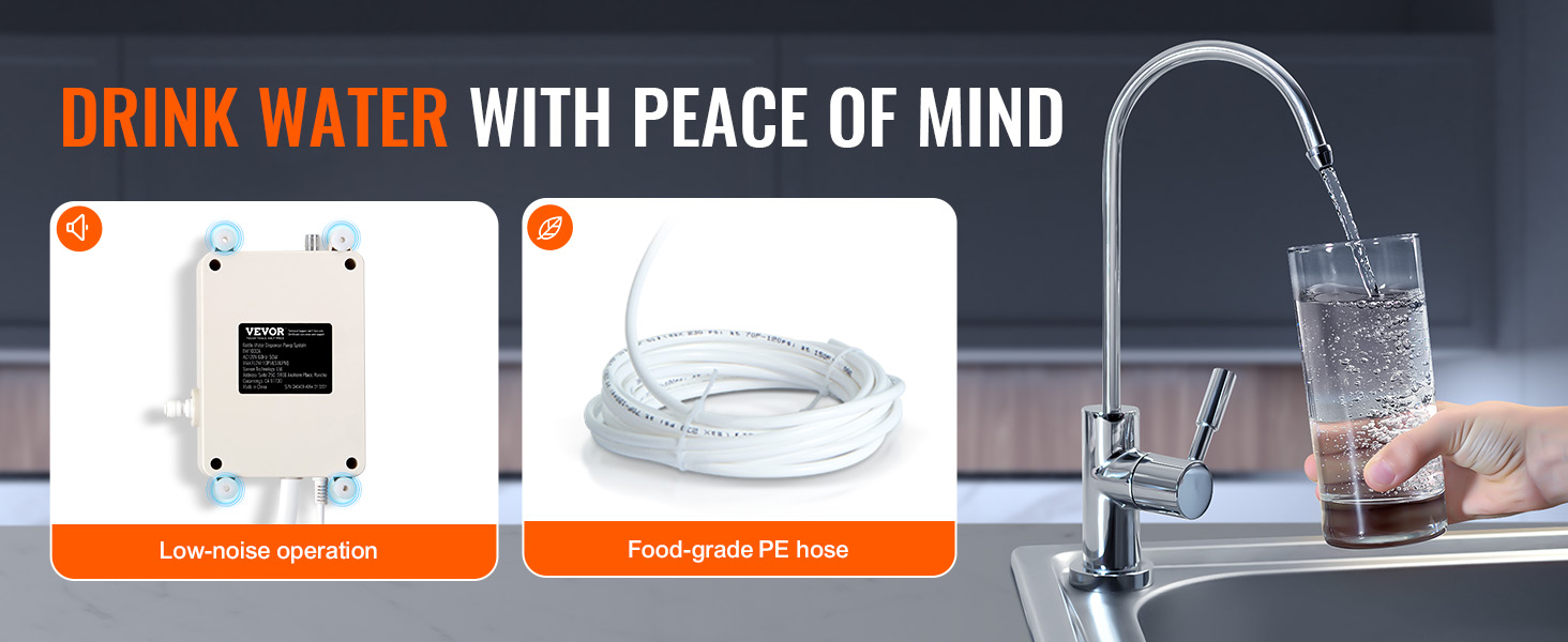 VEVOR water dispenser: low-noise operation and food-grade pe hose for quality drinking water.