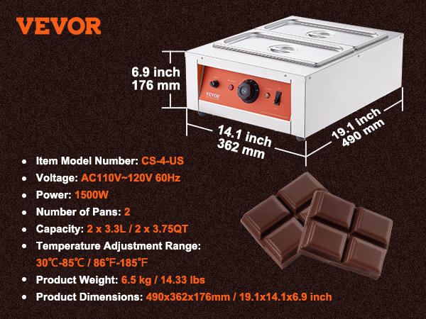 VEVOR chocolate tempering machine with two pans, 1500w power, and temperature range 30°c-85°c.