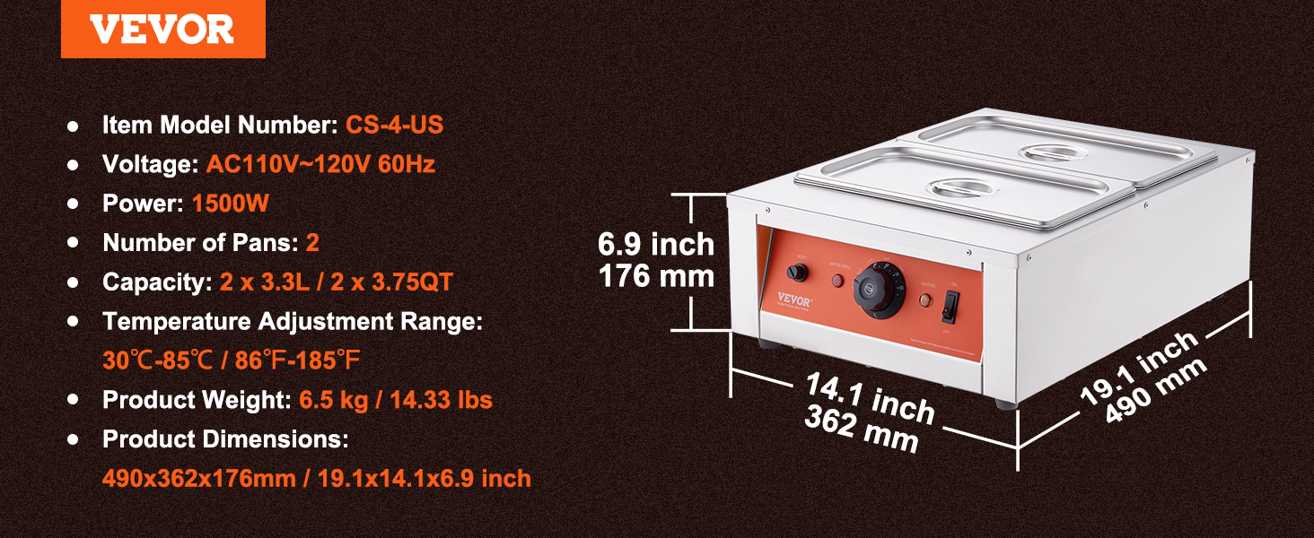 VEVOR chocolate tempering machine with two pans, 1500w power, and temperature range 30°c-85°c.