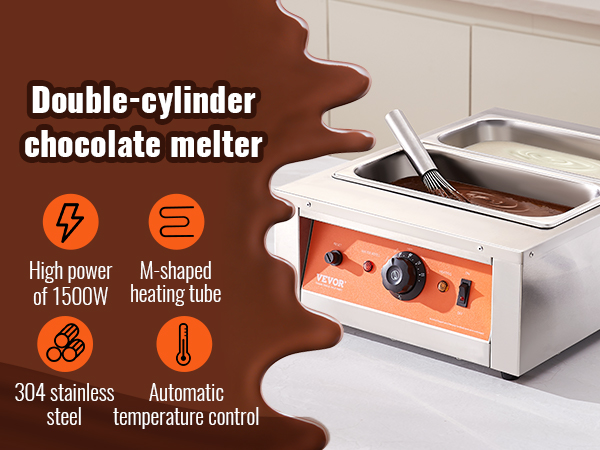 VEVOR chocolate tempering machine with double-cylinder melters, 1500w, automatic temperature control.