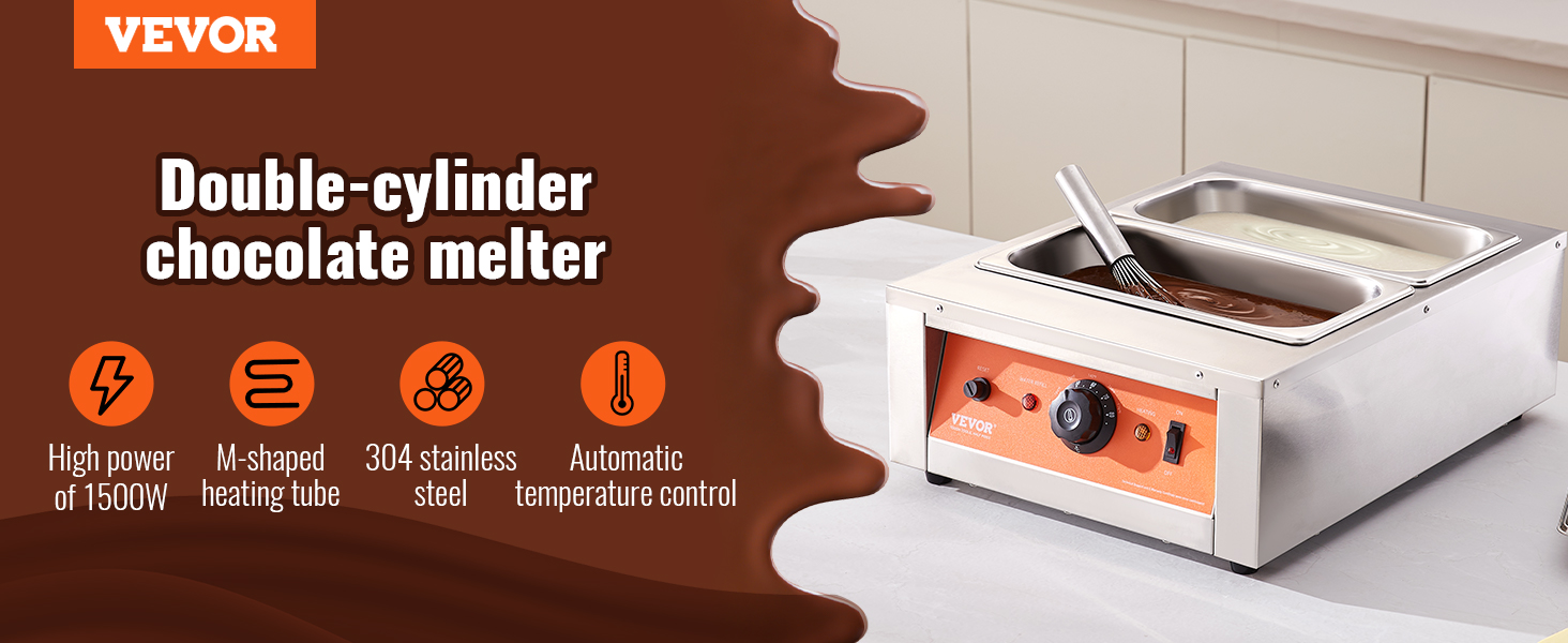 VEVOR chocolate tempering machine with double-cylinder melters, 1500w, automatic temperature control.