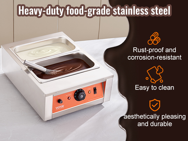 VEVOR chocolate tempering machine on a kitchen countertop with melted chocolate and cream.