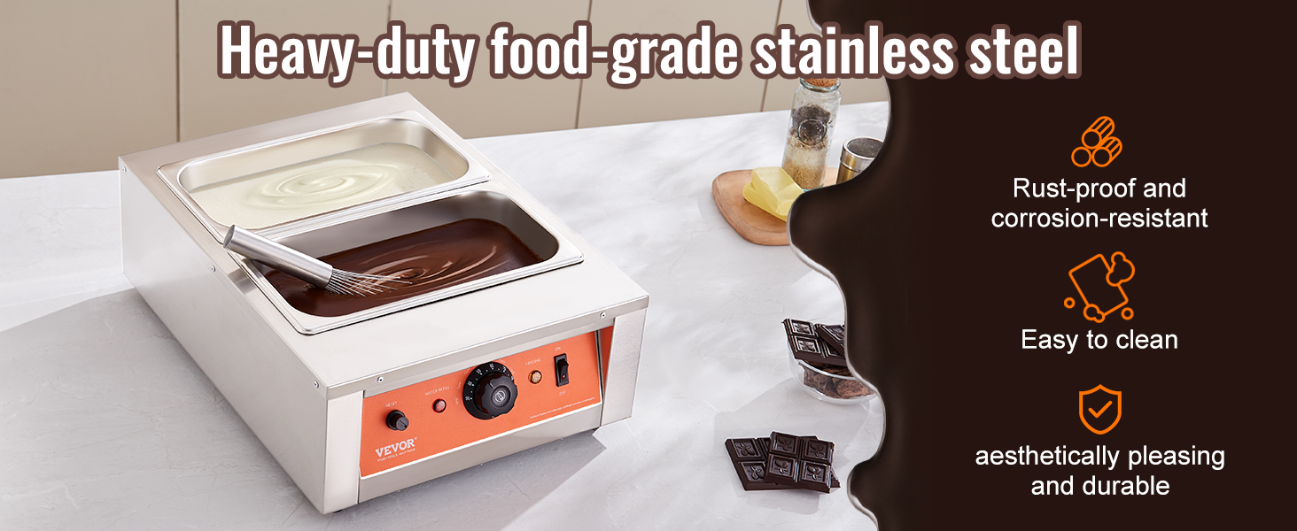 VEVOR chocolate tempering machine on a kitchen countertop with melted chocolate and cream.