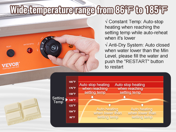 VEVOR chocolate tempering machine with adjustable temperature control from 86°f to 185°f.