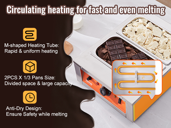 VEVOR chocolate tempering machine with m-shaped heating tube for rapid heating and divided pan size.