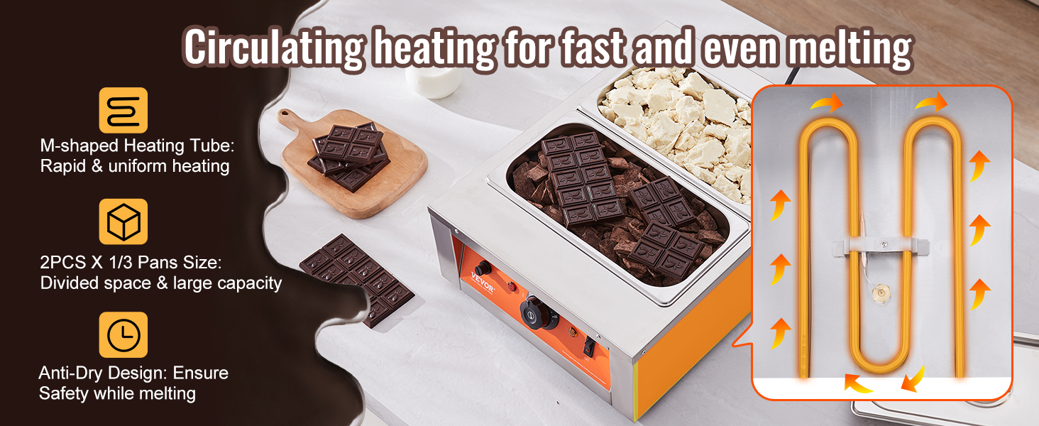 VEVOR chocolate tempering machine with m-shaped heating tube for rapid heating and divided pan size.