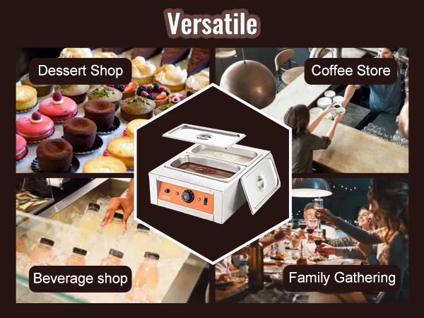 VEVOR chocolate tempering machine for versatile use in dessert shops, coffee stores, and family gatherings.
