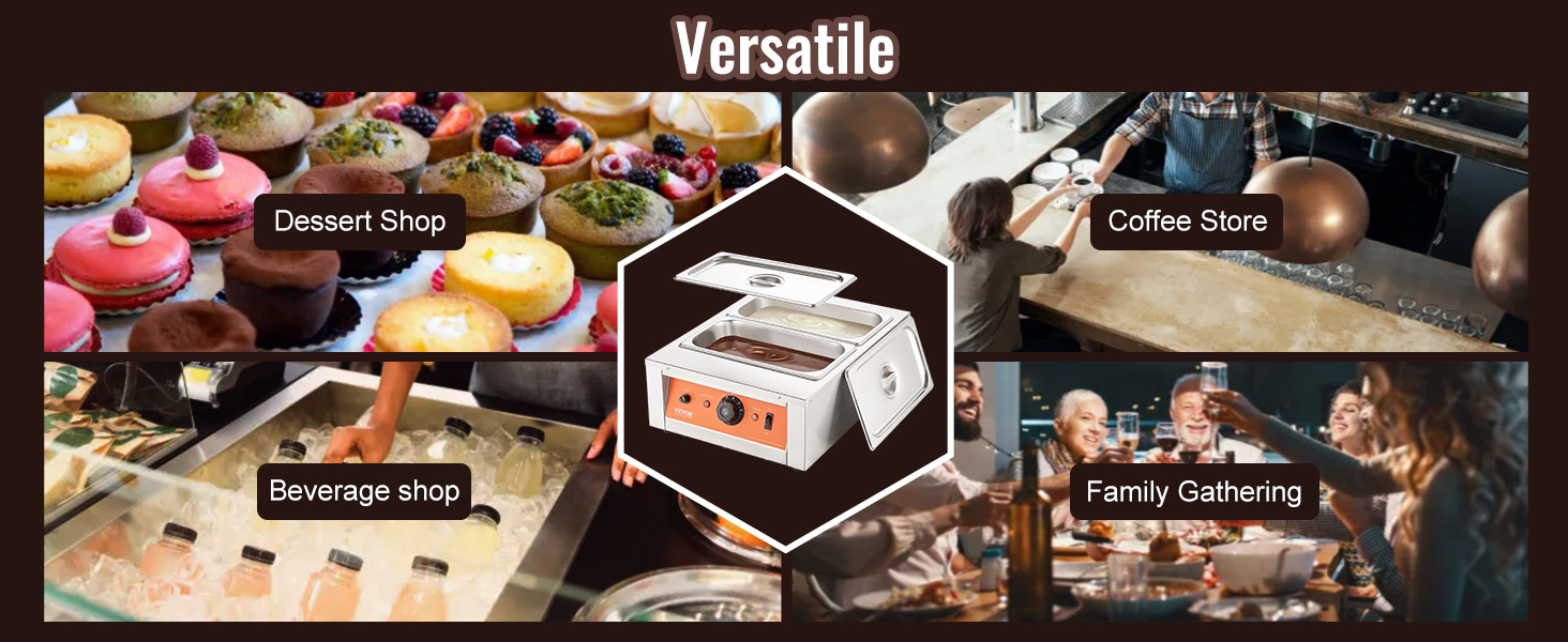 VEVOR chocolate tempering machine for versatile use in dessert shops, coffee stores, and family gatherings.