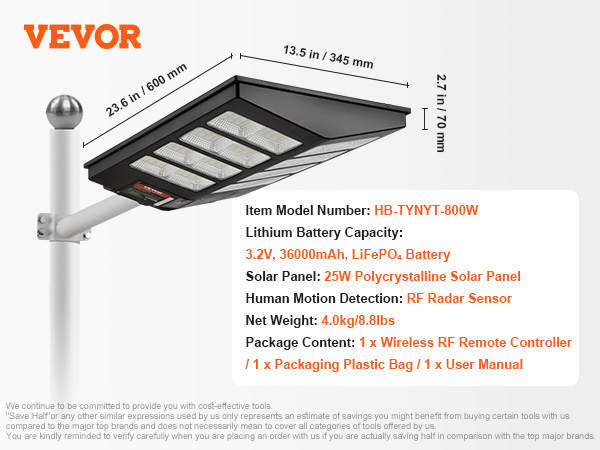 VEVOR solar street light with 36000mah lifepo₄ battery, 25w polycrystalline panel, and rf radar sensor.