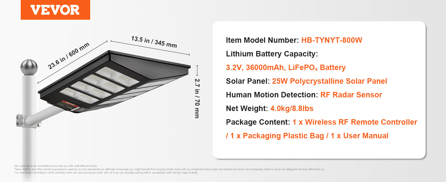 VEVOR solar street light with 36000mah lifepo₄ battery, 25w polycrystalline panel, and rf radar sensor.