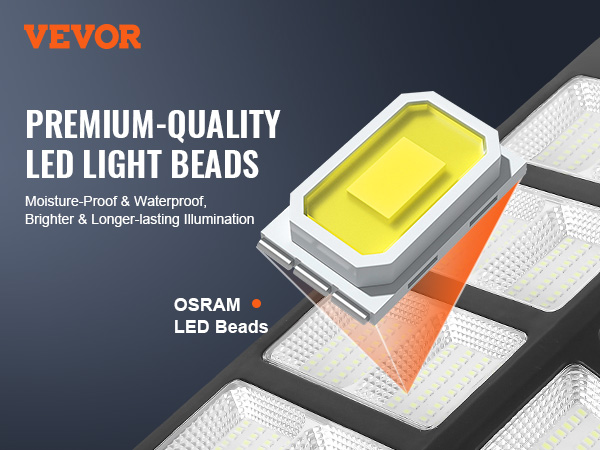 VEVOR solar street light featuring premium-quality osram led light beads, moisture-proof and waterproof.