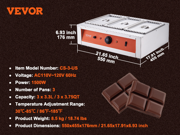 VEVOR chocolate tempering machine with 3 pans, 1500w power, temperature range 30℃-85℃.