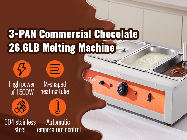 VEVOR chocolate tempering machine with 3 pans, 1500w power, and automatic temperature control.