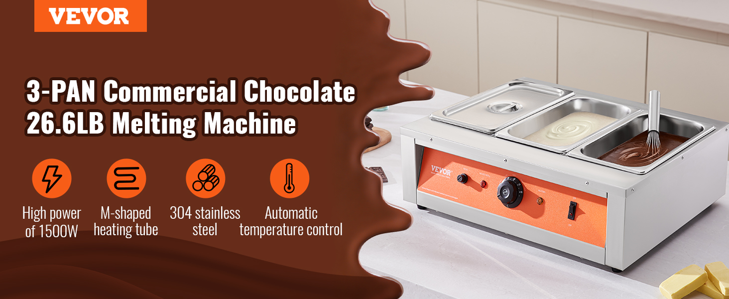 VEVOR chocolate tempering machine with 3 pans, 1500w power, and automatic temperature control.