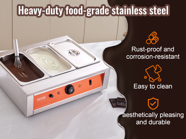 VEVOR chocolate tempering machine made of food-grade stainless steel, showing dual compartments in use.