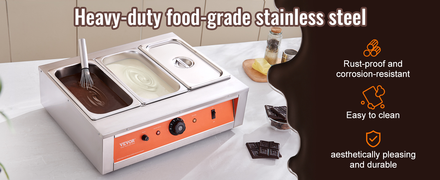 VEVOR chocolate tempering machine made of food-grade stainless steel, showing dual compartments in use.