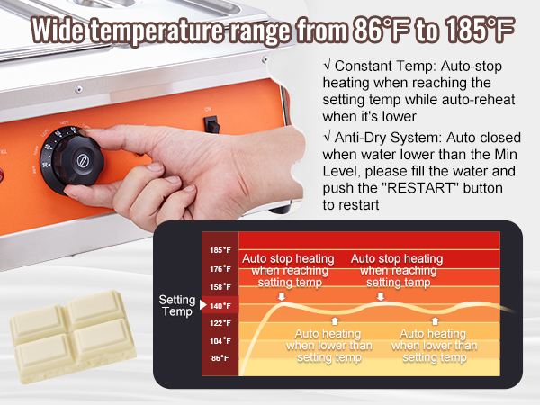 VEVOR chocolate tempering machine with adjustable temperature range from 86°f to 185°f.