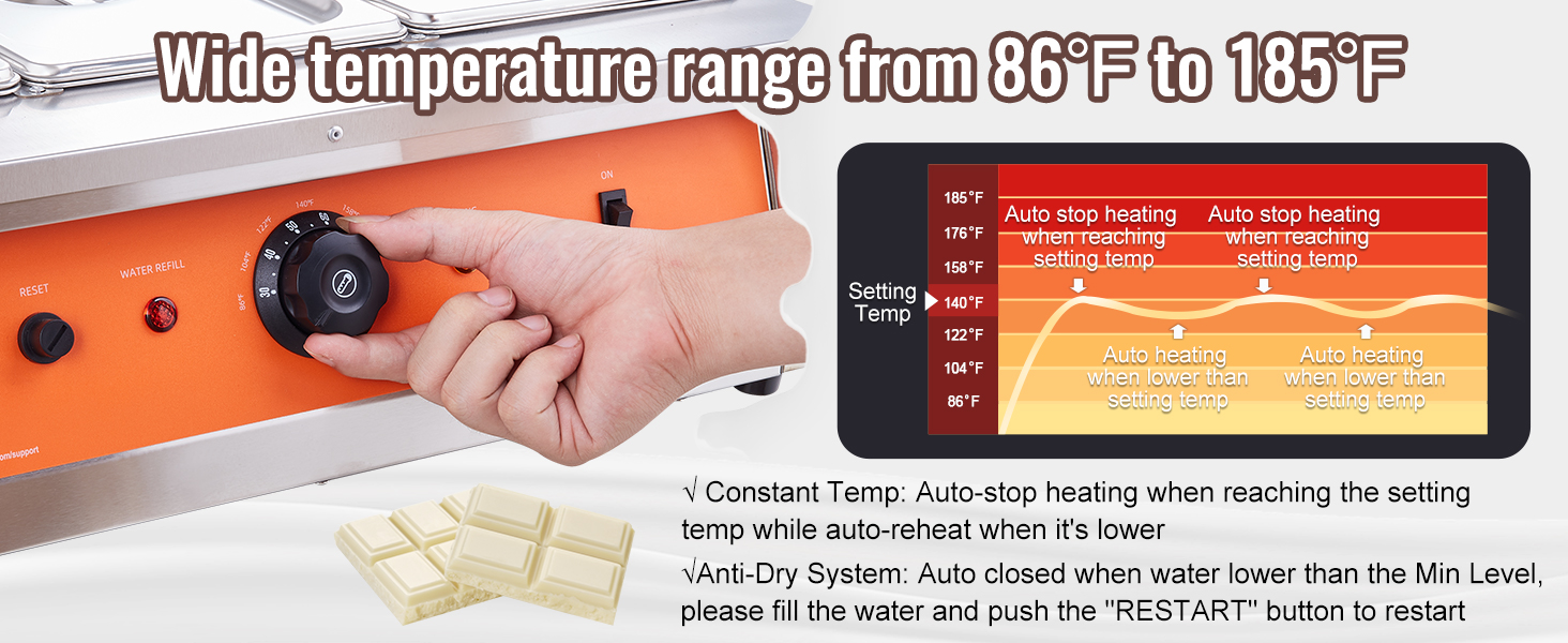 VEVOR chocolate tempering machine with adjustable temperature range from 86°f to 185°f.