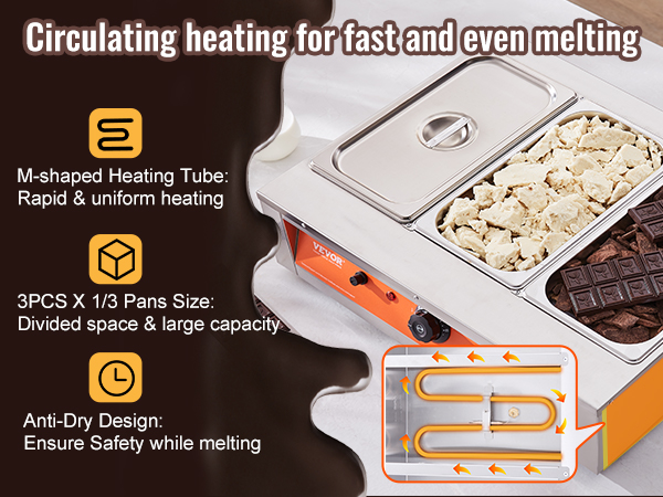 VEVOR chocolate tempering machine with 3 pans, m-shaped heating tube, and anti-dry design.