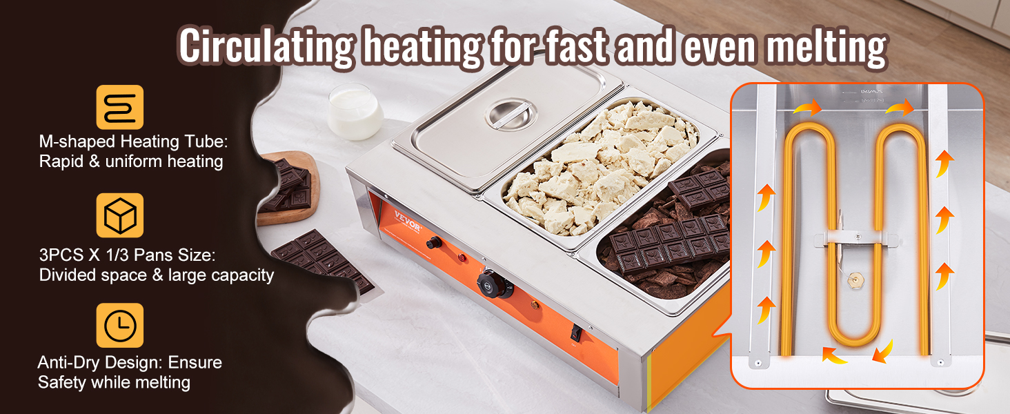 VEVOR chocolate tempering machine with 3 pans, m-shaped heating tube, and anti-dry design.