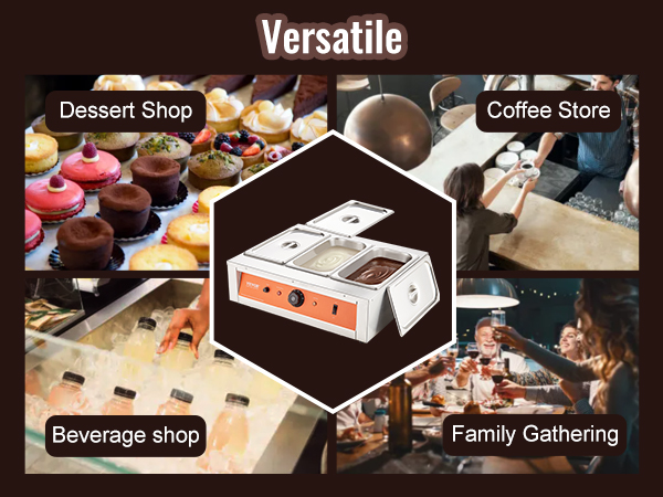 versatile VEVOR chocolate tempering machine used in dessert shops, coffee stores, beverage shops, and family gatherings.