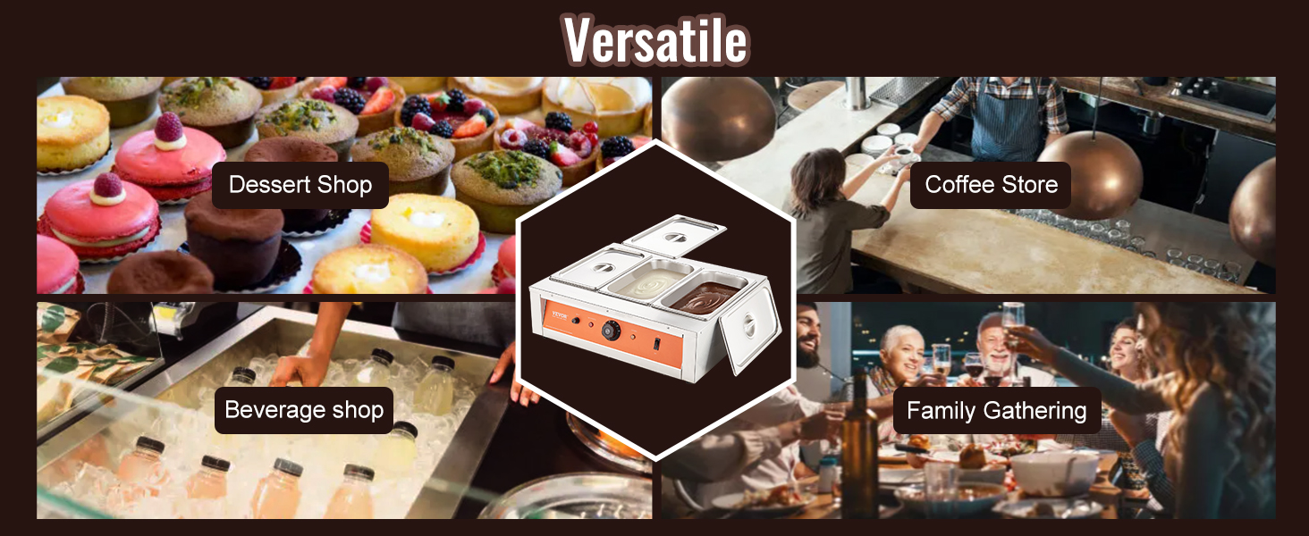 versatile VEVOR chocolate tempering machine used in dessert shops, coffee stores, beverage shops, and family gatherings.