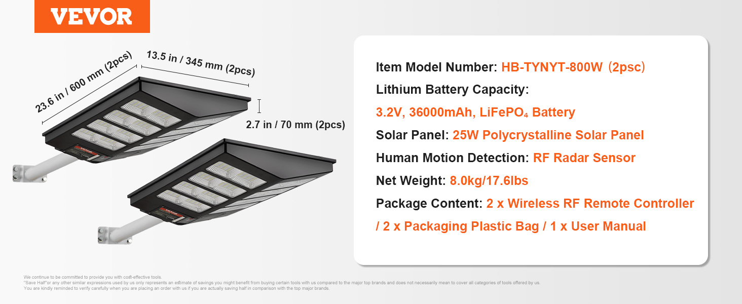 VEVOR solar street light, hb-tynyt-800w. lithium battery: 3.2v 36000mah, solar panel: 25w.