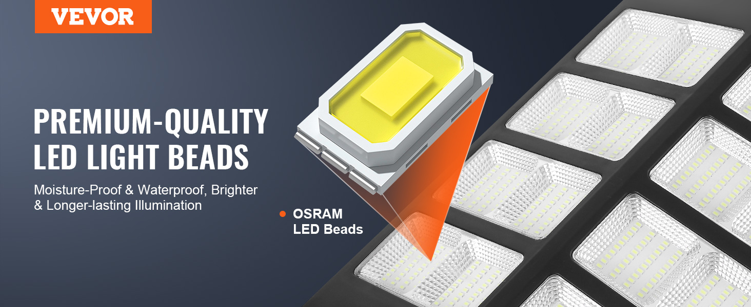 VEVOR solar street light with premium-quality osram led light beads, moisture-proof and waterproof.