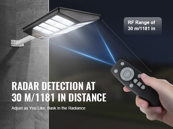 VEVOR solar street light with remote control and radar detection up to 30 meters.