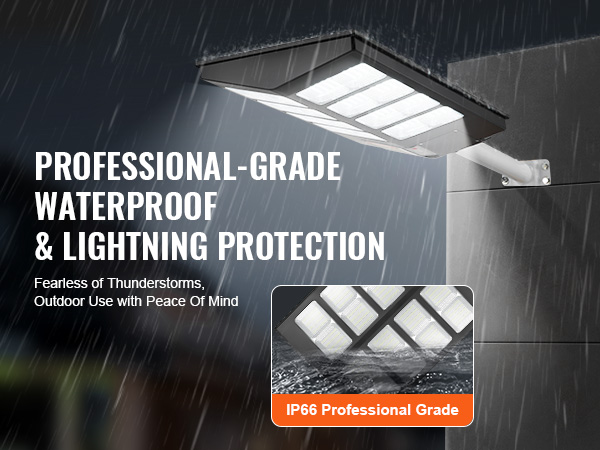 VEVOR solar street light, professional-grade waterproof and lightning protection for outdoor use. ip66 rating.