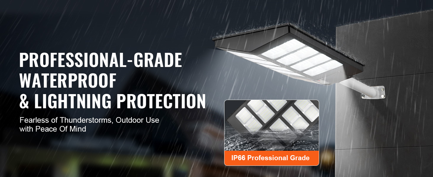VEVOR solar street light, professional-grade waterproof and lightning protection for outdoor use. ip66 rating.